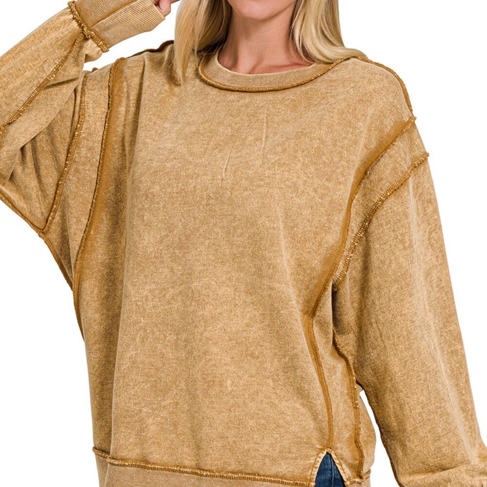 Zenana Acid Wash French Terry Exposed Seam Sweatshirt Camel